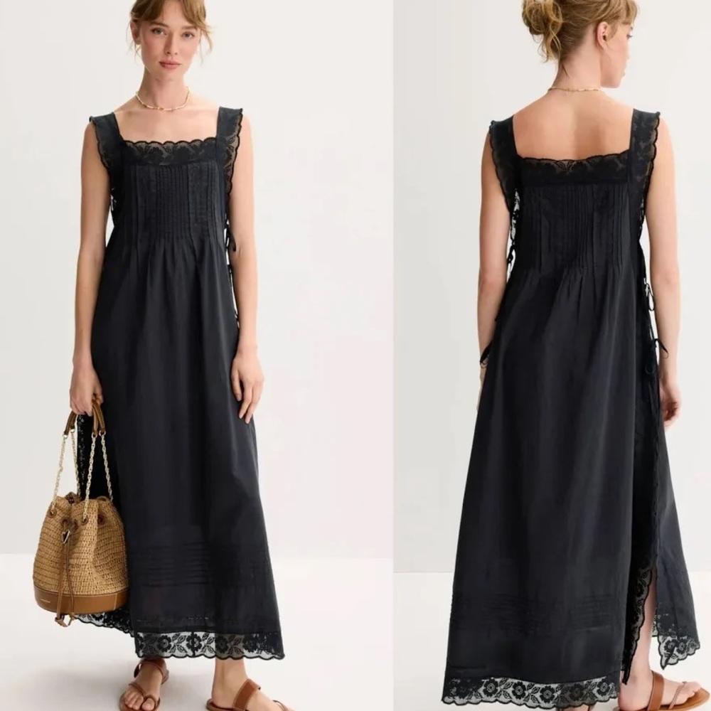 THE GREAT. The Attic Black Lace-Trim Square Neck Maxi Dress